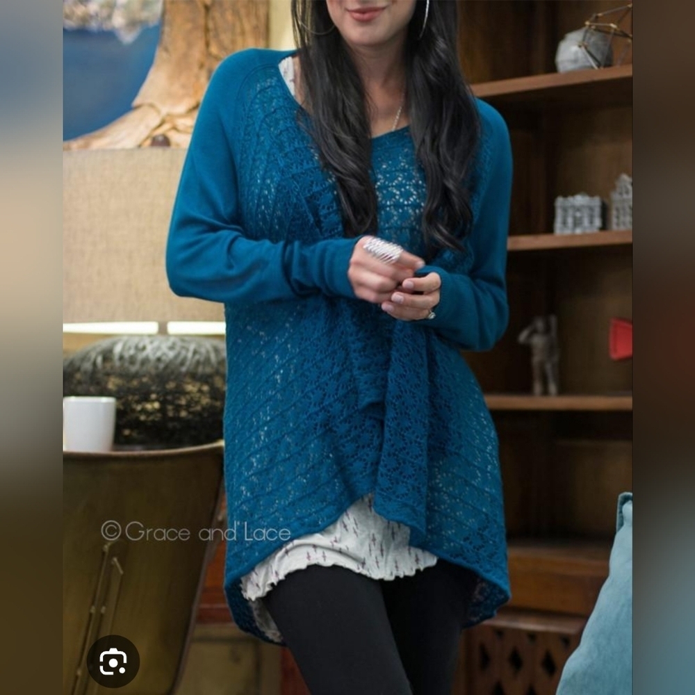 NWT Grace & Lace/ Teal Lace Knit Sweater/ Or Oversized Cardigan/ Size US L to 1X - Picture 3 of 11
